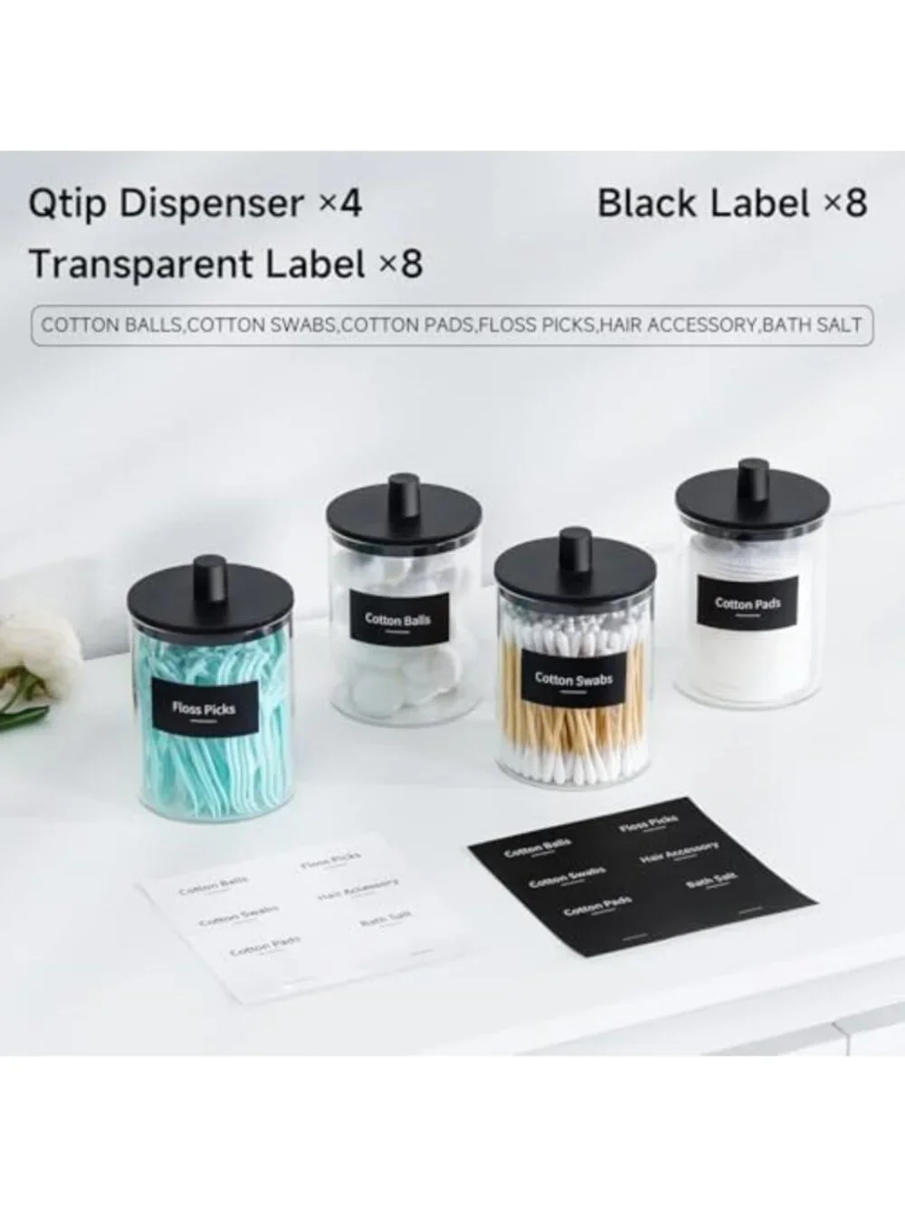 Clear Glass Qtip Holder Dispenser - 10 oz Apothecary Jar Set for Bathroom